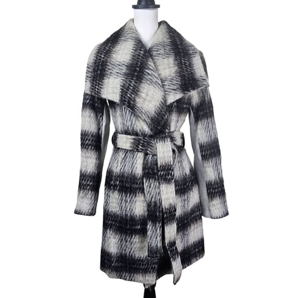 BCBGeneration Black Plaid Wool Wrap Coat Sz XS Belted Shawl Collar Mid-Length - Picture 1 of 14
